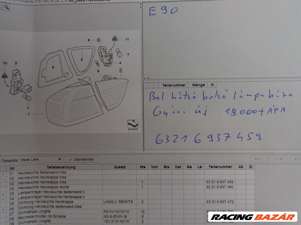 [GYÁRI ÚJ] BMW - Bal hátsó belső lámpabúra - 3-as / E90 4. kép